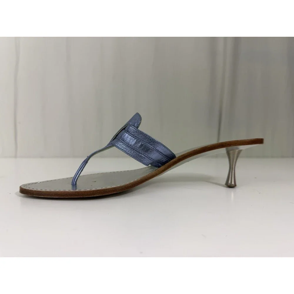 Sigerson Morrison Kitten Heel Sandals Thong Metallic Blue Sz 8.5 Y2K Fashion
